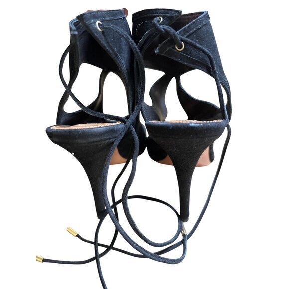 Aquazzura Black Suede Ankle Strap w Tie Heels Sandals Formal Shoes‎ Size It 38.5 - Picture 4 of 11
